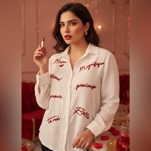 Elegant Embroidered Button-Down Shirt with Red Love Phrases